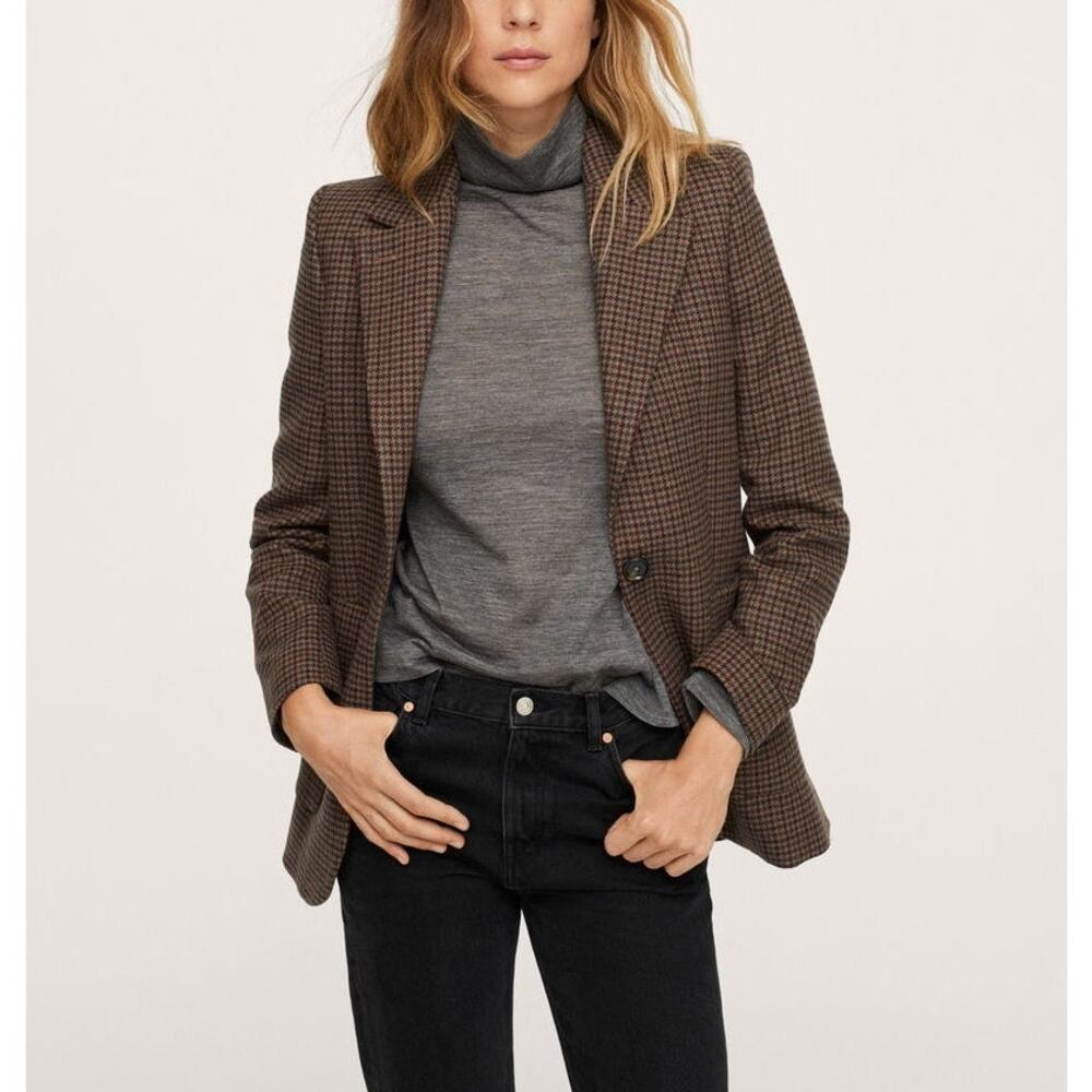 Vintage Wool Brown Houndstooth Oversized Blazer Size 12 Academia Preppy Heritage